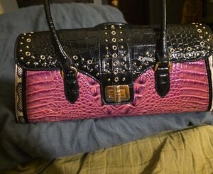 Brahmin Black and Pink Croc-Embossed Satchel